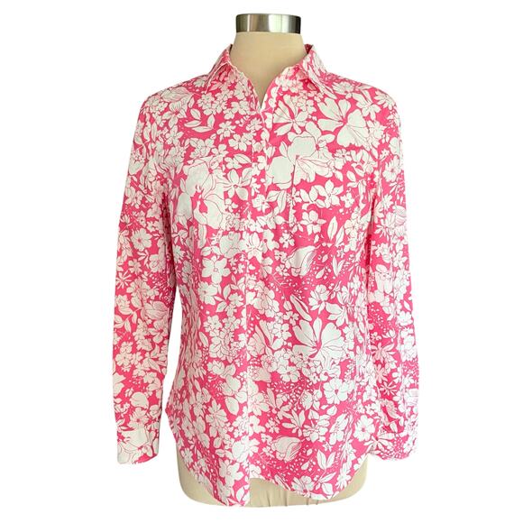 Talbots Pink White Floral Print Button Up Shirt Sz 10 Long Sleeves Crisp Cotton - Picture 1 of 10